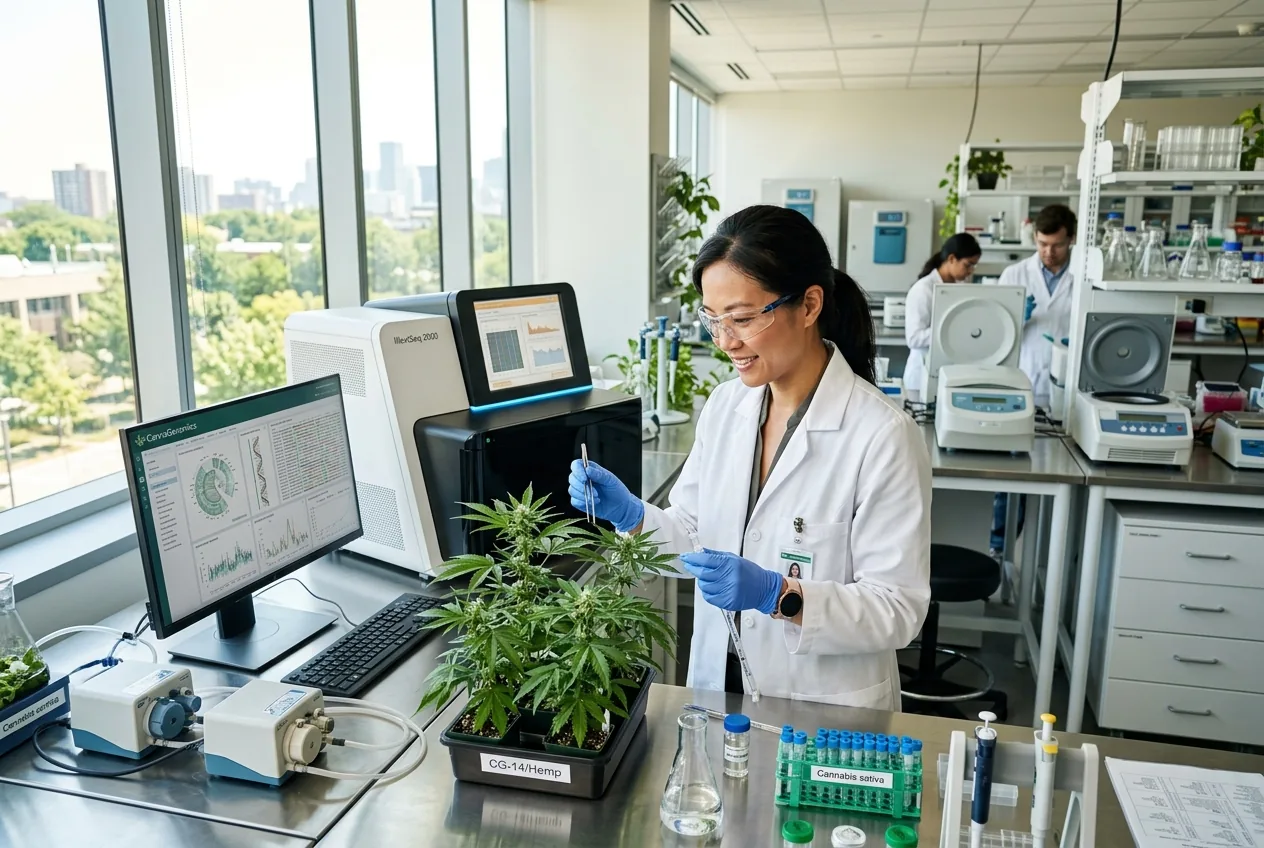 AI-generated concept for CannaGenomics: researchers examining plants in a bright genomics laboratory.