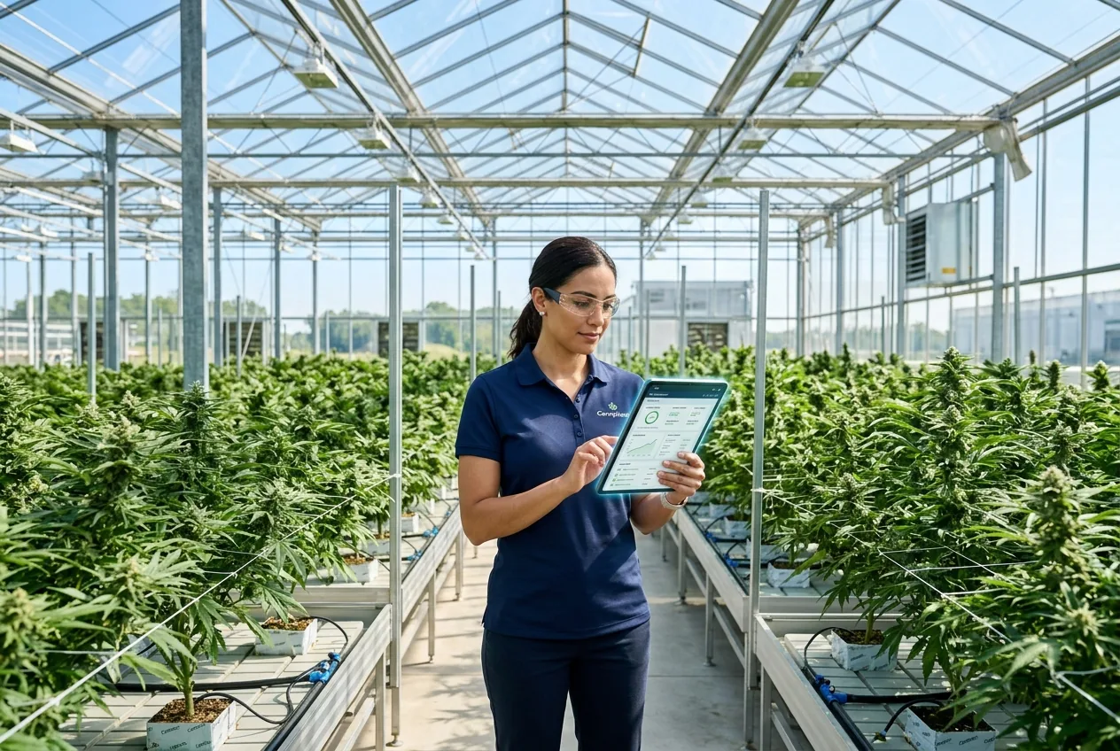 AI-generated concept for Cannpliant: a specialist inspecting greenhouse plants with a tablet.