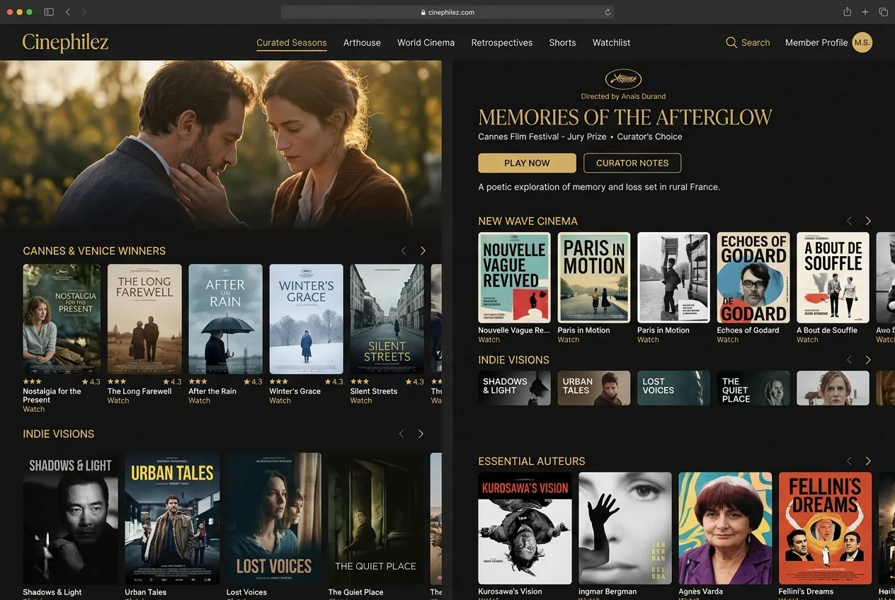 AI-generated concept for Cinephilez: an imagined gold-accented independent-cinema streaming interface, not an actual content catalog.