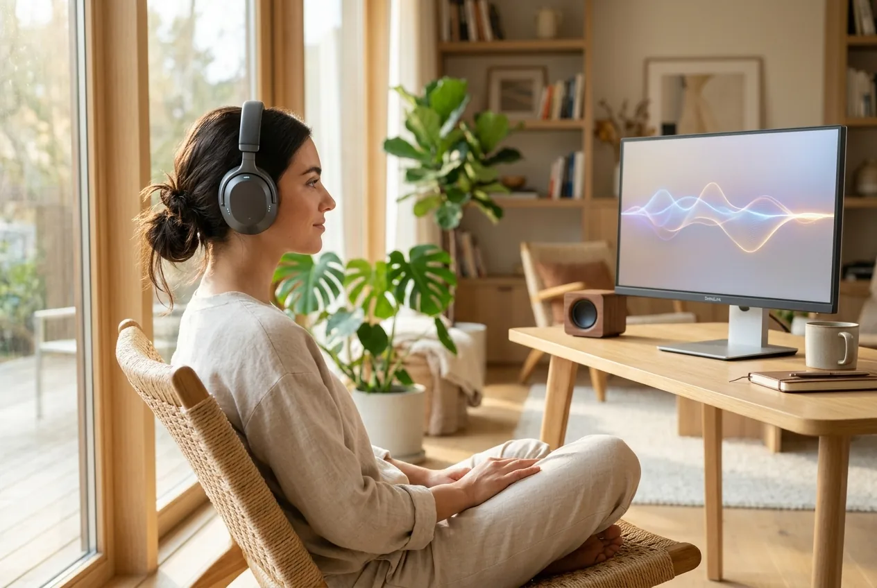 AI-generated concept for SomaLink: a person wearing headphones beside an audio waveform display in a sunlit room.